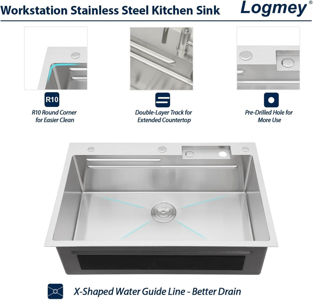 Logmey Waterfall Sink 33x19 Drop in Kitchen Sink with Pull-out Faucet,Multifunctional All in One Workstation Sinks,16 Gauge Stainless Steel,Double Step,5 Hole,Ideal for Luxury & Minimalist Style