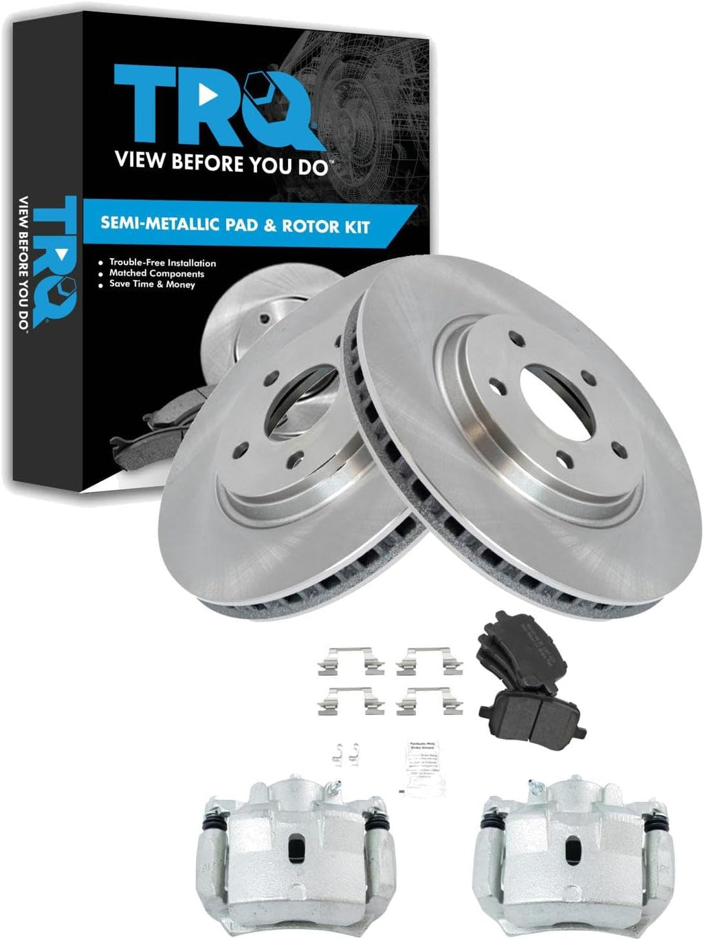 TRQ Front Brake Pad and Rotor Set Semi Metallic Vented Rotors Calipers Compatible with 2007-2012 Chevrolet Malibu 2007-2010 Pontiac G6 2007-2009 Saturn Aura