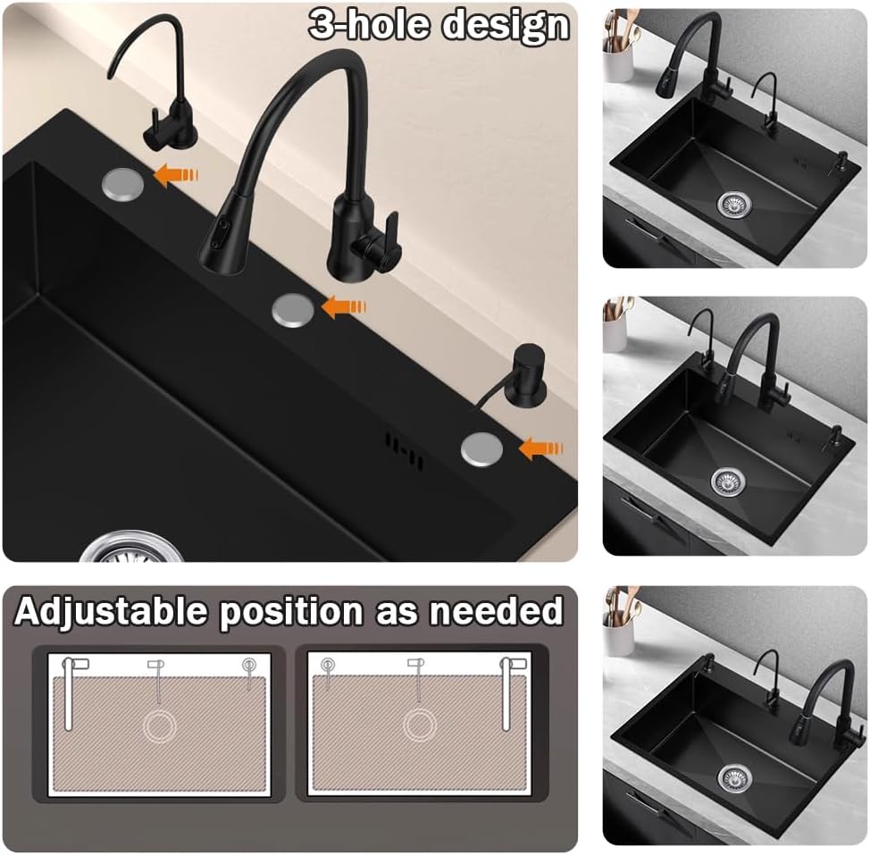 21.7 * 17.7in Drop In Kitchen Sink,Black Stainless Steel Single Bowl Sink,Topmount Workstation Sink With Pull Out Faucet,Soap Dispenser And Drain Basket