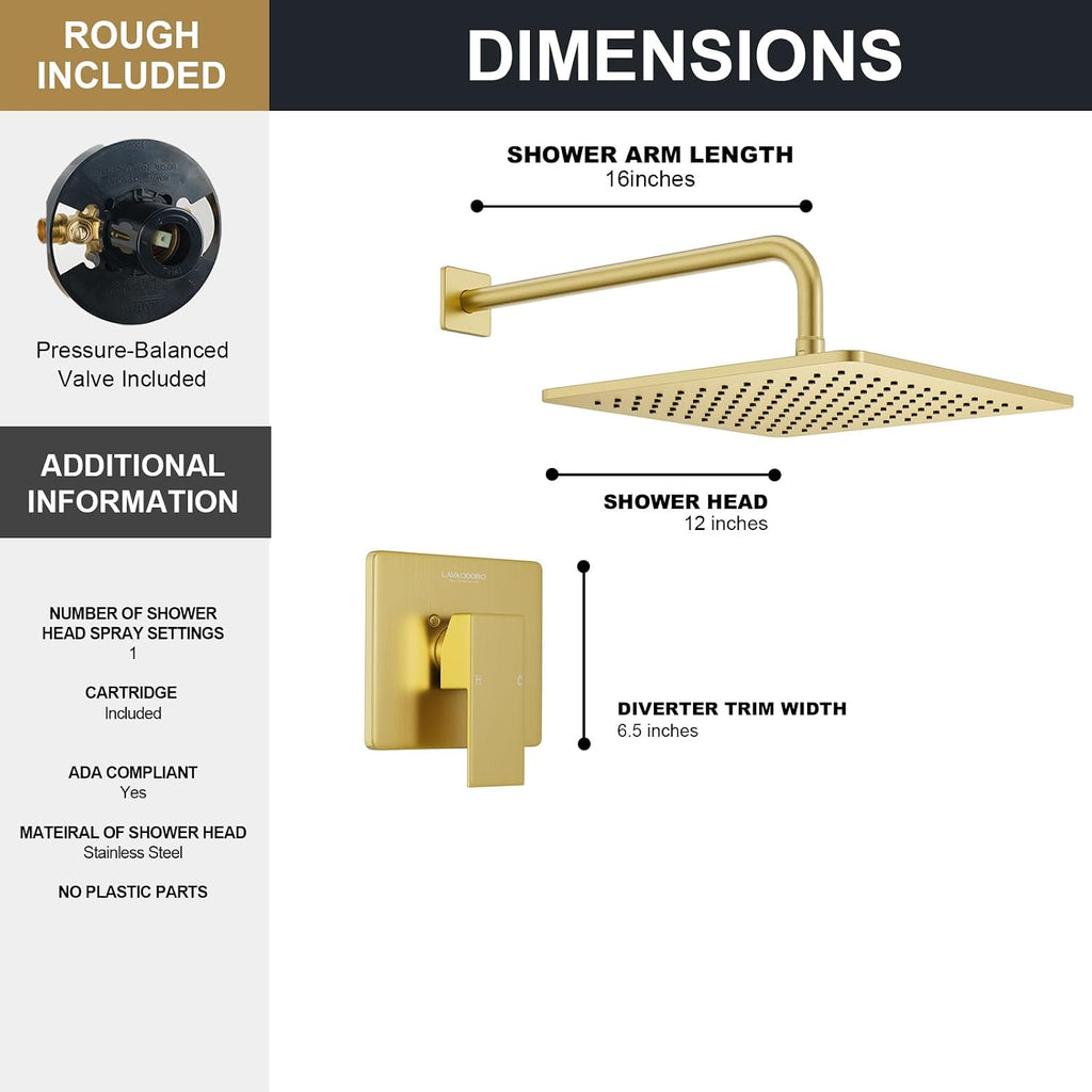 Lava Odoro 12-inch Modern Square Shower Faucet Set Brushed Gold, Shower Trim Kit with Rough-in Valve High Pressure Gold Rainfall Shower Head and Handle Set, (Valve Included), SF106-SG