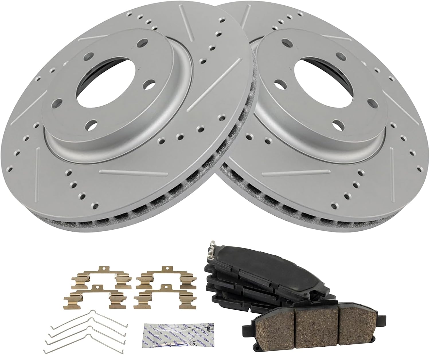 TRQ Performance Front Brake Pad and Rotor Set Ceramic Coated Drilled Slotted Vented Rotors Compatible with 2011-2017 Nissan Quest