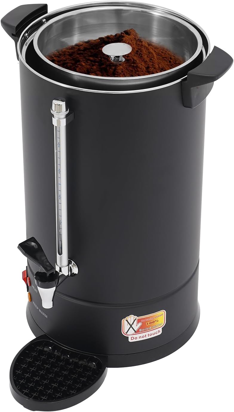 Commercial Coffee Urn, 15L/4Gal Stainless Steel Coffee Maker Brewer Hot Beverage Dispenser with Faucet & Bottom Tray, 1500W Hot Water Urn for Home Party Office Wedding, Black