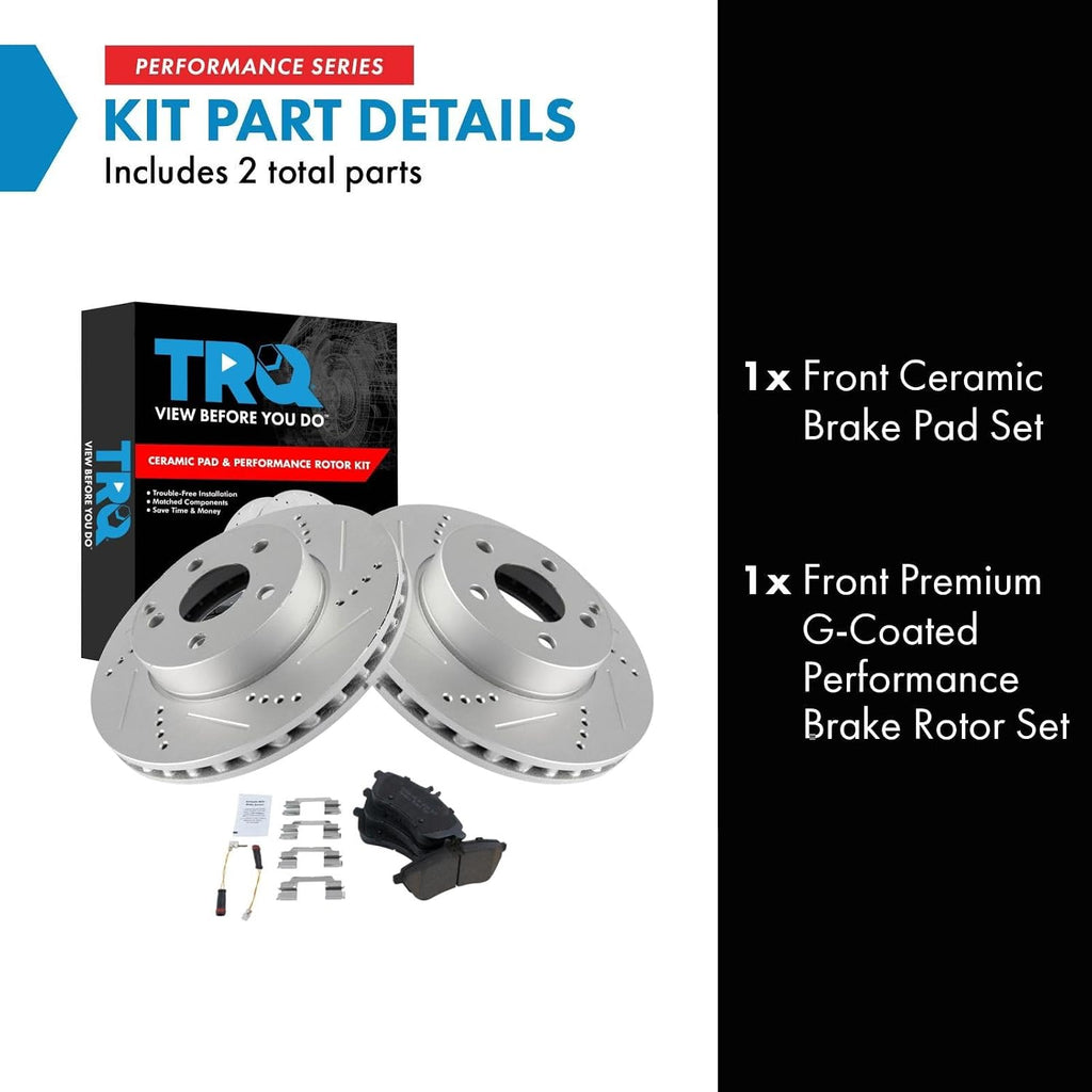 TRQ Performance Front Ceramic Brake Pad and Rotor Set Coated Drilled Slotted Compatible with 08-12 Mercedes-Benz C300 without Sport Package 12-15 Mercedes-Benz C250 without Sport Package