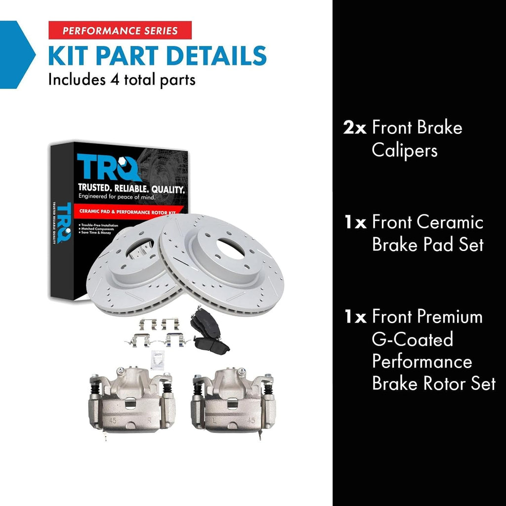 TRQ Performance Front Brake Pad and Rotor Set Ceramic Vented Coated Slotted Drilled Rotors Calipers Compatible with 2010-2013 Nissan Altima