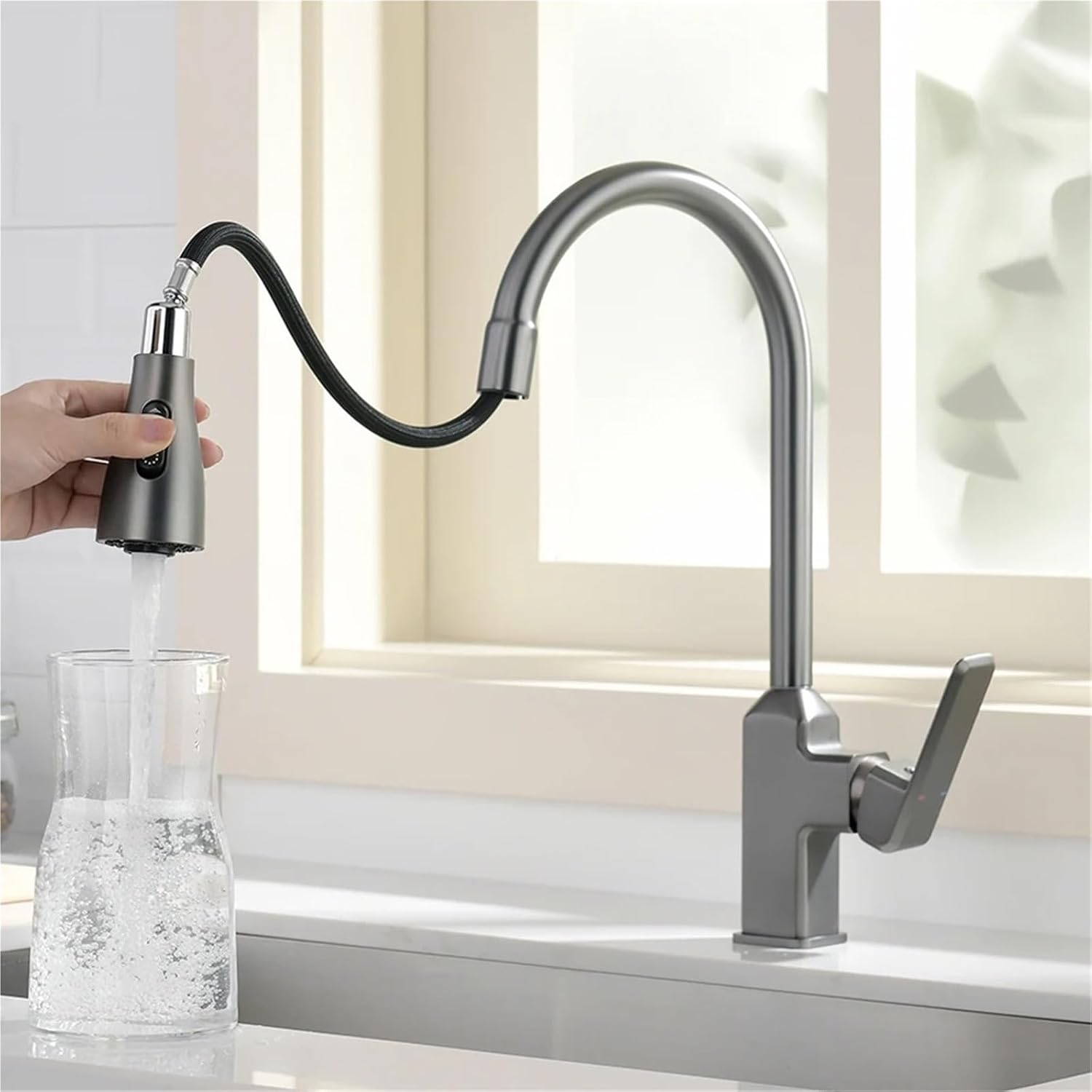 Kitchen Faucet Black Pull Out Deck Mounted 360 Rotation Brass Mixer Hot Cold Water Sink Taps(Gray)