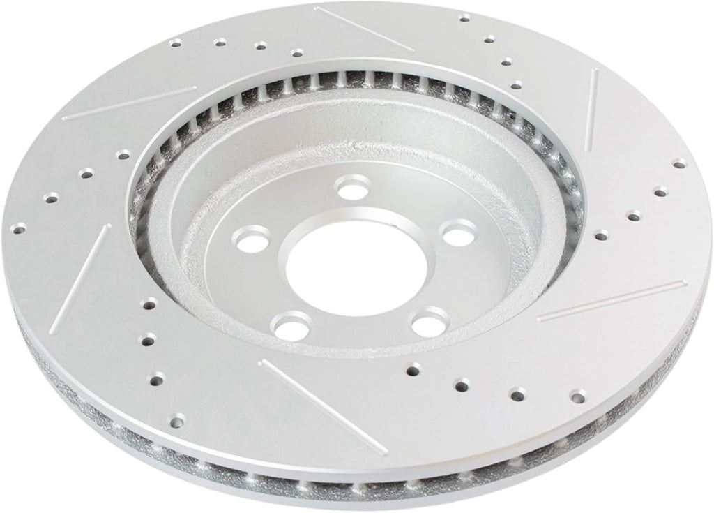 TRQ Performance Front Brake Pad and Rotor Set Ceramic Drilled Slotted G Coated Vented Rotors Compatible with 2005-2019 Chrysler 300 2009-2019 Challenger 2006-2019 Charger 2005-2008 Magnum