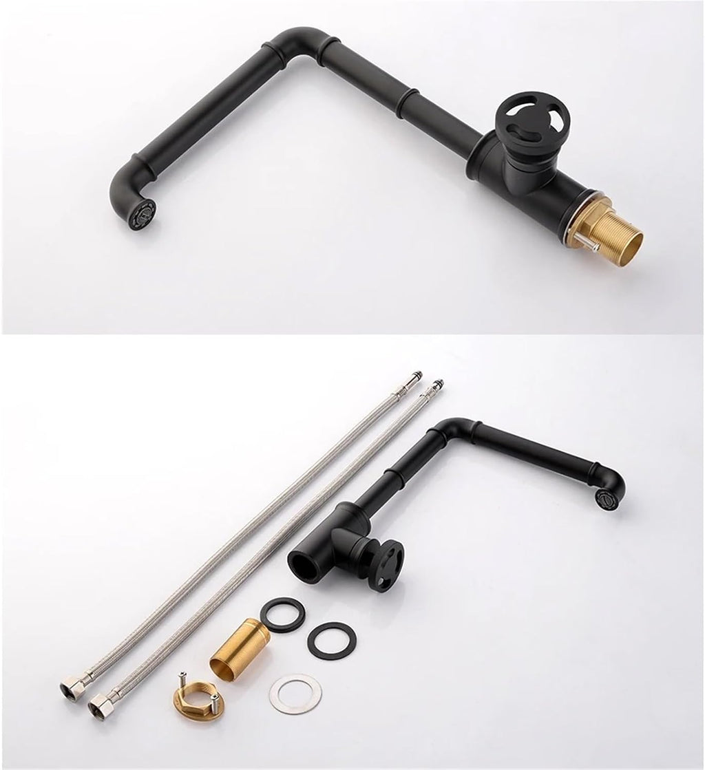 Kitchen Faucets Retro Industrial Style Brass Crane Bathroom Faucets Hot and Cold Water Mixer Tap(Black)