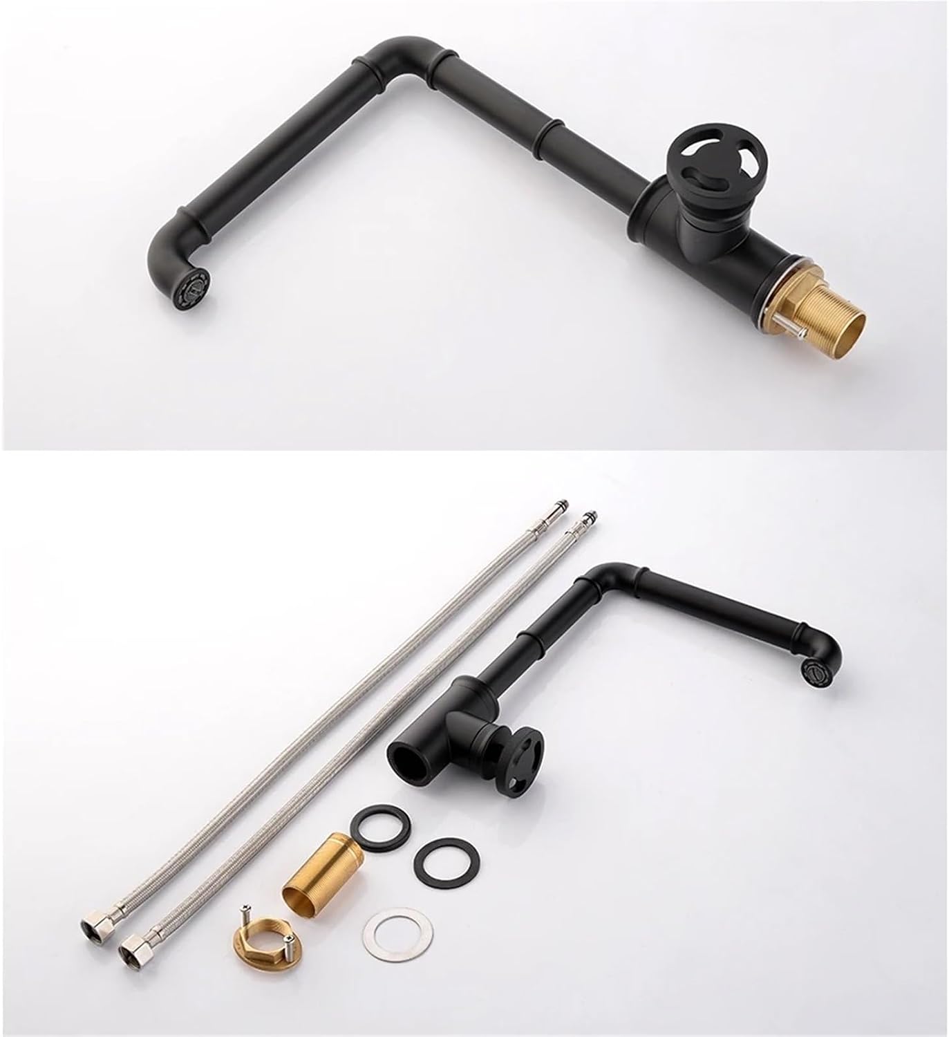 Kitchen Faucets Retro Industrial Style Brass Crane Bathroom Faucets Hot and Cold Water Mixer Tap(Black)