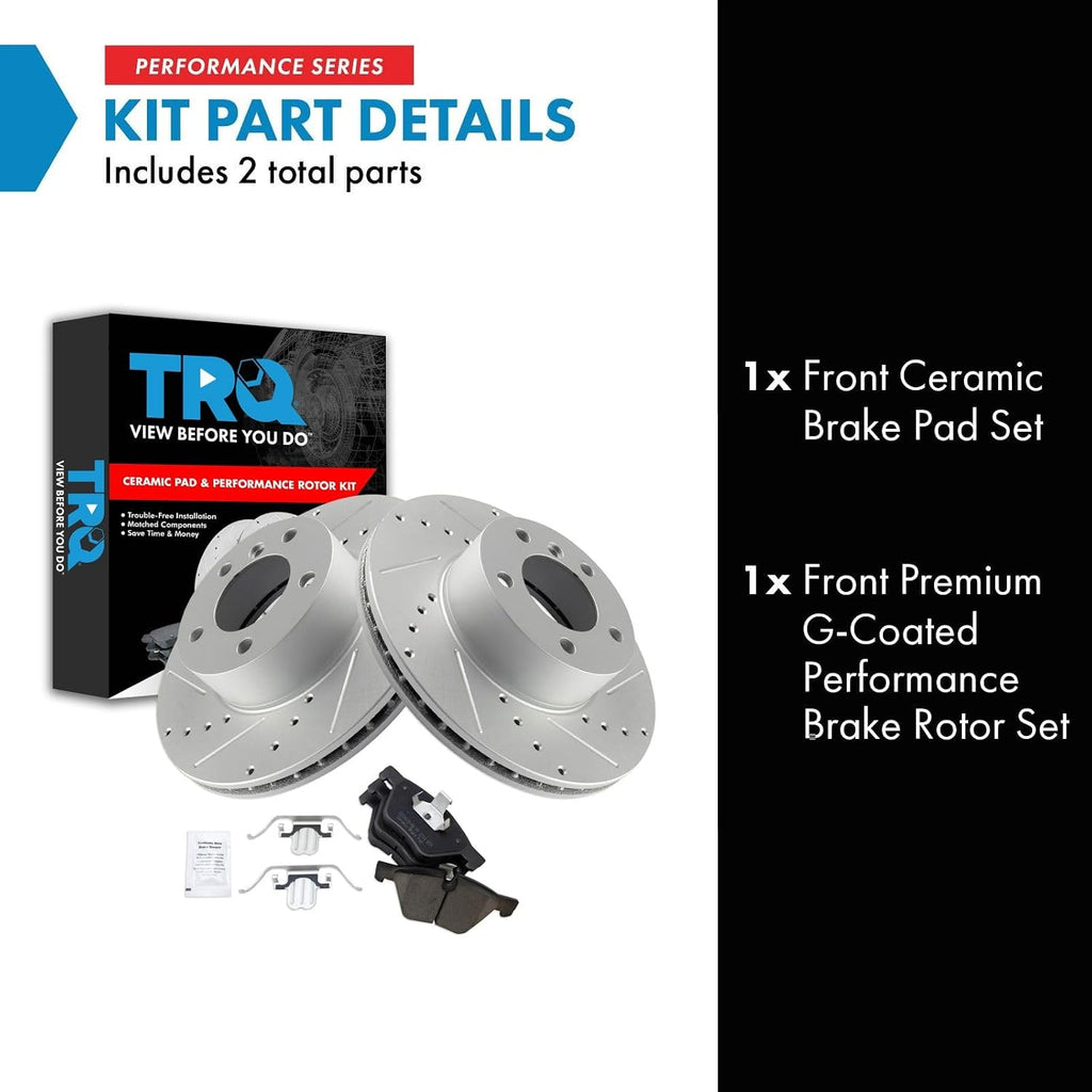 TRQ Performance Front Brake Pad and Rotor Set Ceramic Coated Drilled Slotted Compatible with 2008-2013 BMW 128i 2006 325i 325xi 2007 328i 328xi