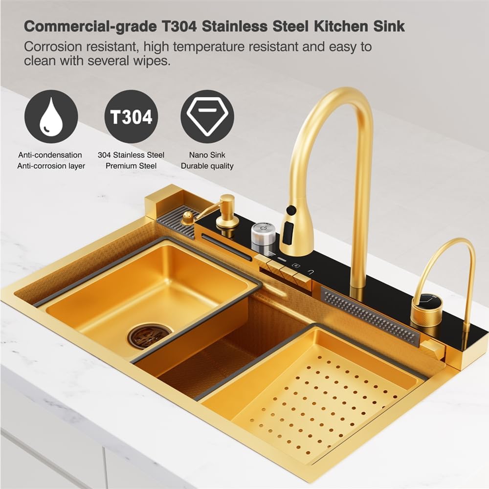 Digital Display Embossed Stainless Steel Nano Gold Waterfall Large Single Groove Kithchen Sink with Pressurized Cup Washer (31.5 X 18 Inch)