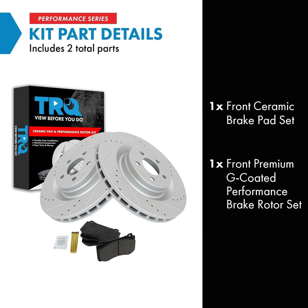 TRQ Performance Front Brake Pad and Rotor Set Ceramic Coated Drilled Slotted Vented Rotors Compatible with 2005-2014 Chrysler 300 2006-2019 Dodge Challenger 2006-2018 Charger 2006-2008 Magnum