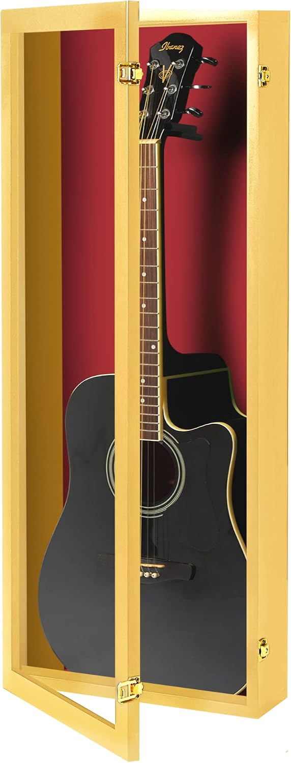 PENNZONI Acoustic Guitar Display Case - Acrylic Acoustic Guitar Case - Guitar Display Case Wall Mount Made from Hardwood Frame & Clear Acrylic - Golden Oak w/Red Felt