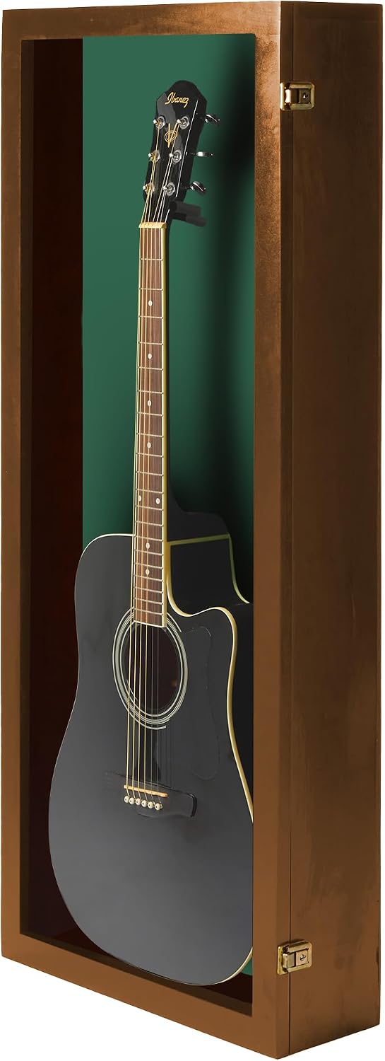 PENNZONI Acoustic Guitar Display Case - Acrylic Acoustic Guitar Case - Guitar Display Case Wall Mount Made from Hardwood Frame & Clear Acrylic - Walnut w/Felt Green