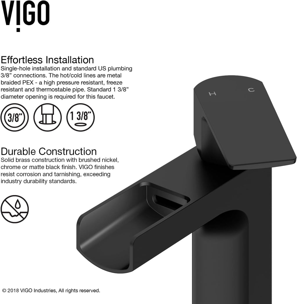 VIGO Ileana Waterfall Single-Handle Single-Hole Mount Bathroom Sink Faucet, 7-Inch, Matte Black, Modern Design, Solid Brass, 1.2 GPM WaterSense & Ceramic Disc Valve, Corrosion-Resistant