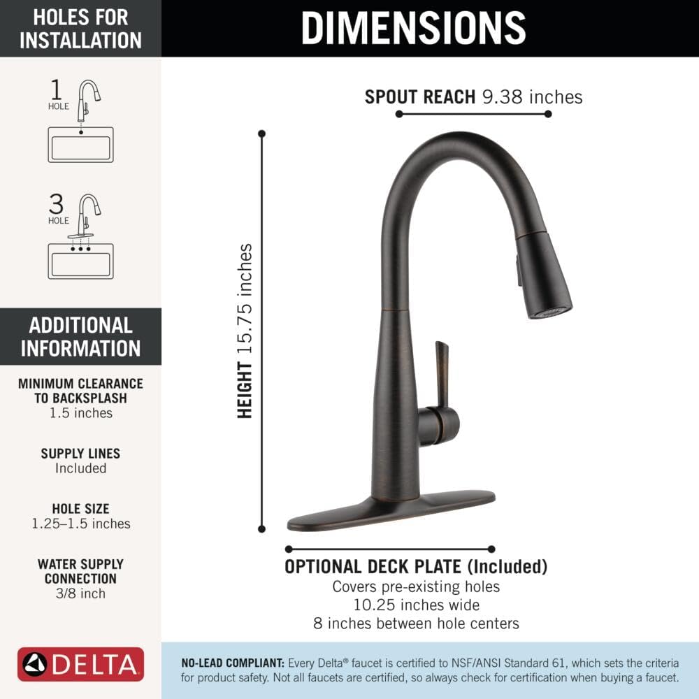 Delta Essa Oil Rubbed Bronze Kitchen Faucet with Pull Down Sprayer, Modern Single Hole Kitchen Sink Faucet, Single Handle, Venetian Bronze 9113-RB-DST