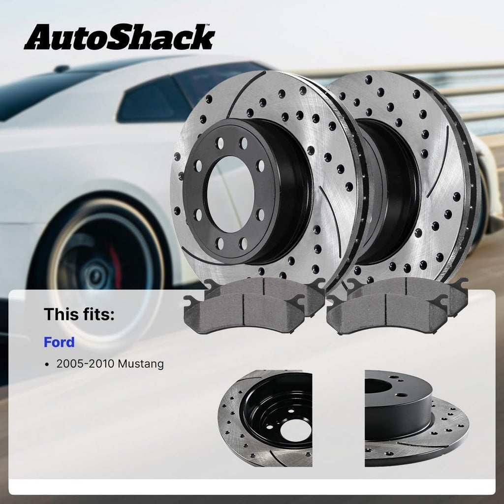 AutoShack Front & Rear Brake Rotors & Premium Pads for Ford, Mustang 2005-2010, RWD V6 4.0L - E-Coated Drilled & Slotted - ShadowGuard