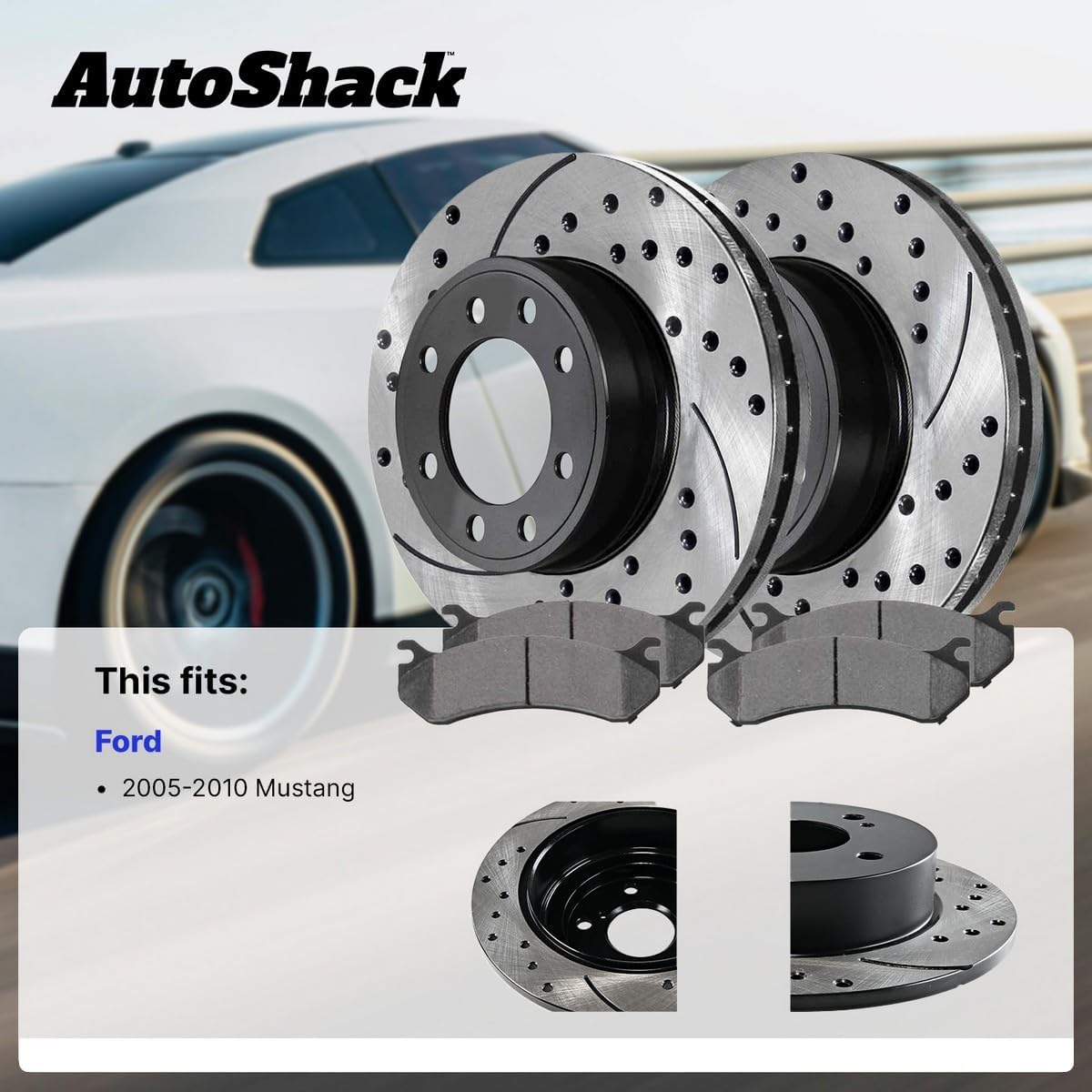 AutoShack Front & Rear Brake Rotors & Premium Pads for Ford, Mustang 2005-2010, RWD V6 4.0L - E-Coated Drilled & Slotted - ShadowGuard