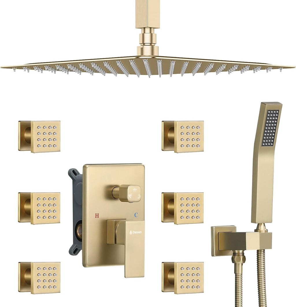 DASAN Full Body Shower System with 6 PCS Body Spray Jets & 12'' Rain Shower Head & Handheld, Ceiling Mount Rain Shower System Brushed Gold Shower Faucets Sets Complete with Valve, SA-SS03ABG-S12C