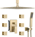 DASAN Full Body Shower System with 6 PCS Body Spray Jets & 12'' Rain Shower Head & Handheld, Ceiling Mount Rain Shower System Brushed Gold Shower Faucets Sets Complete with Valve, SA-SS03ABG-S12C