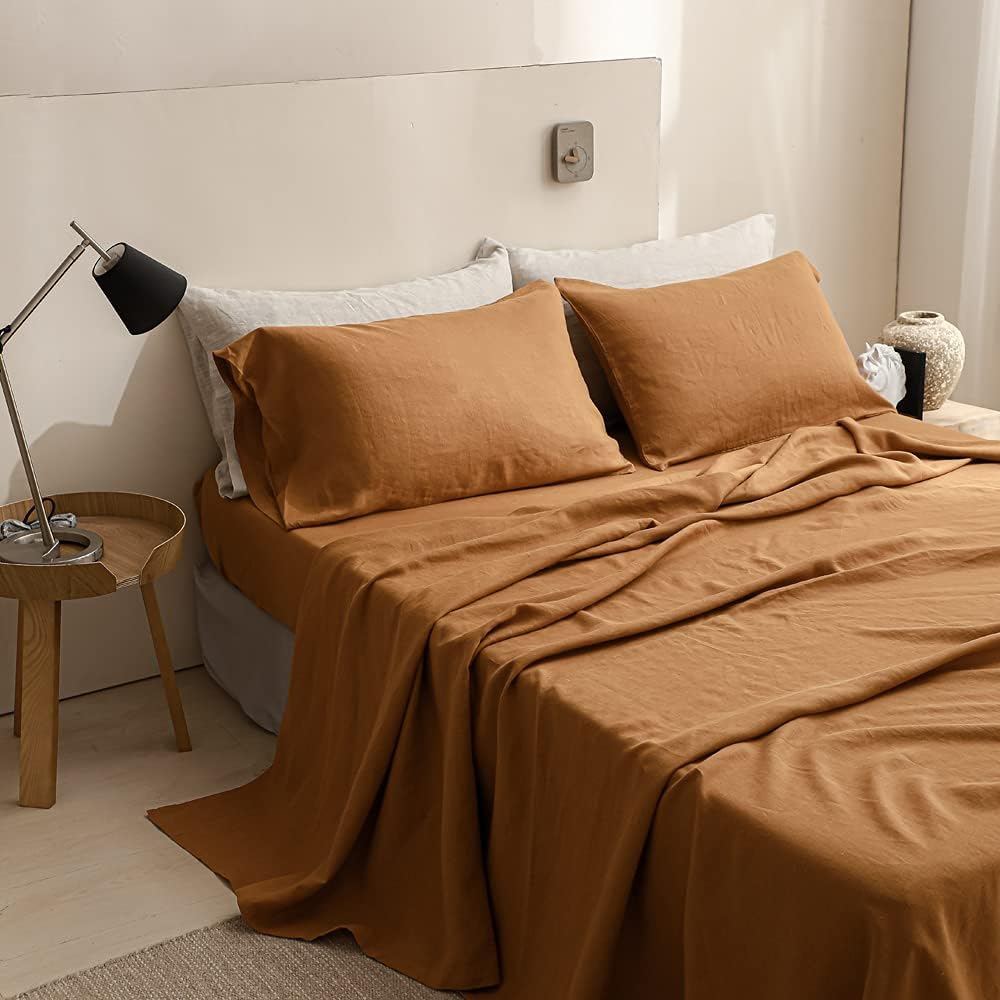 Simple&Opulence 100% Washed Linen Sheet Set Basic Style 3 Pieces (1 Flat Sheet & 1 Fitted Sheet & 1 Pillowcase) Natural French Flax Soft Breathable Farmhouse Bedding (Twin, Rust)
