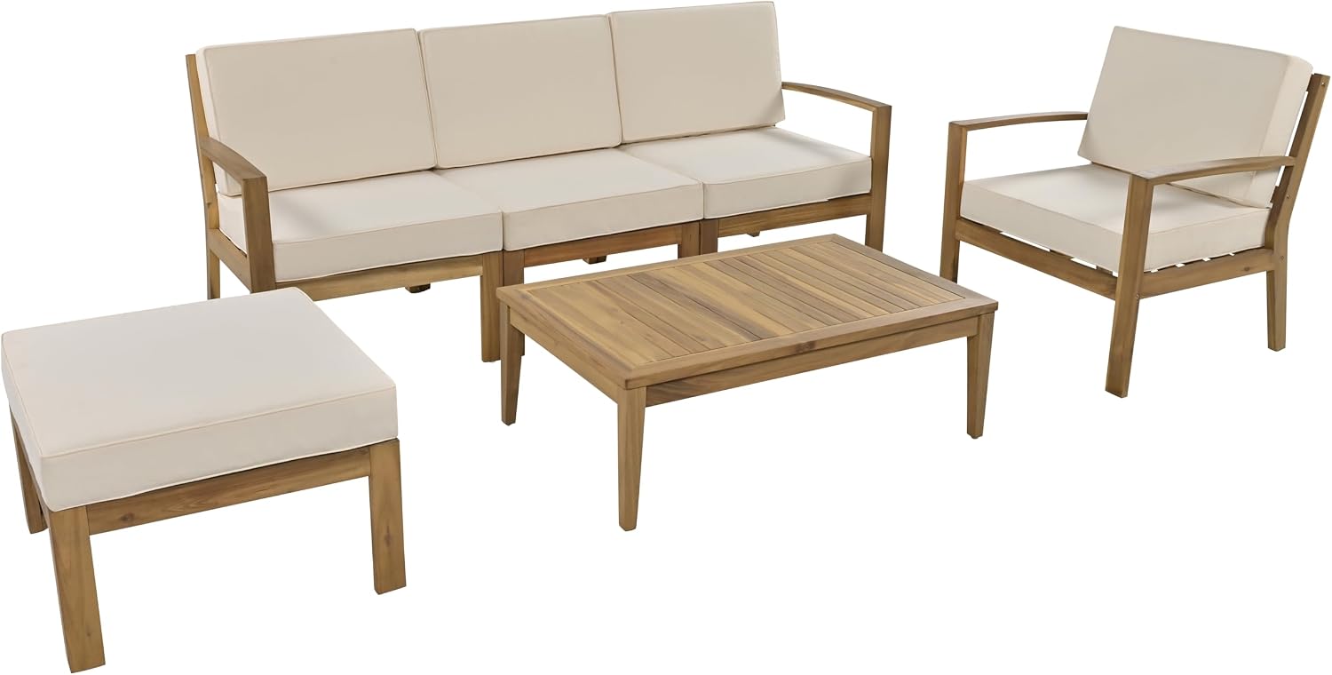 6-Piece Outdoor Patio Conversation Furniture Set, Acacia Wood Sectional Sofa Set with Coffee Table and Removable Cushion for Garden Backyard and Poolside (Beige-CC)
