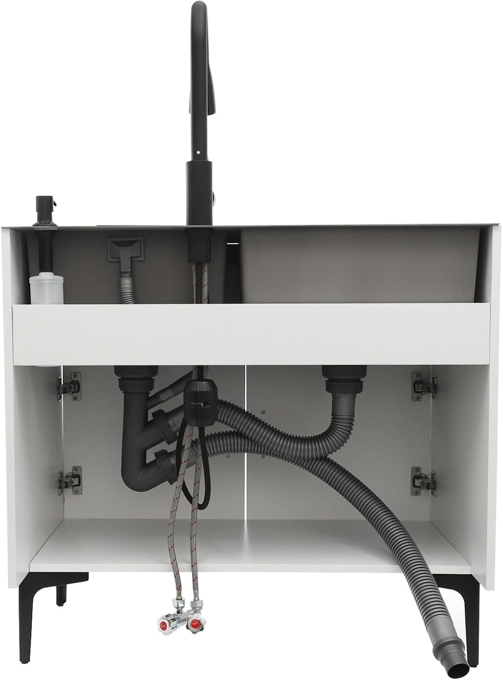 32-Inch Utility Sink Cabinet with Pull-Out Sprayer Fauce, Laundry Sink with Cabinets and Stainless Steel Double Sinks, Freestanding Cabinet with Sink for Laundry&Utility Room, Kitchen, Bathroom