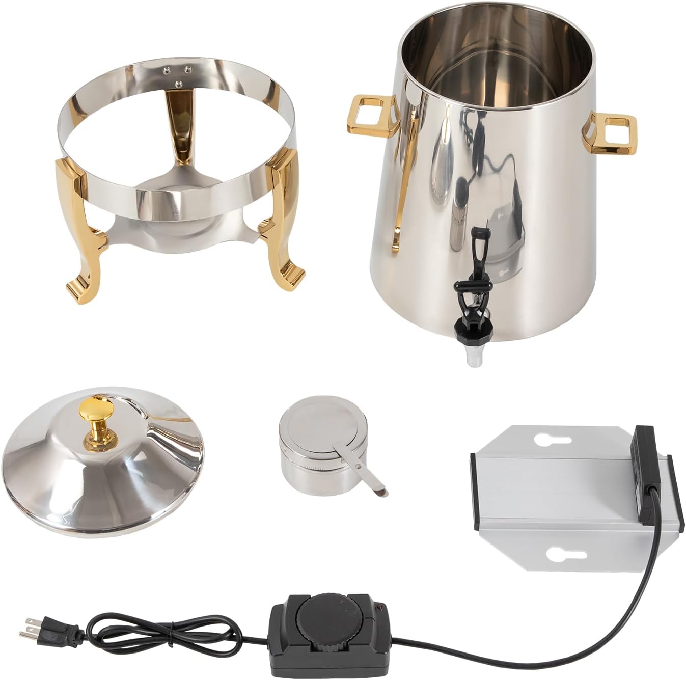 Hot Beverage Dispenser Chafer Urn with Fuel Holder, 13L Stainless Steel Tea Water Coffee Chafer Urn Drinks Dispensers Can with Faucet for Party Buffet Catering, Gold, Fuel/Electric Heating
