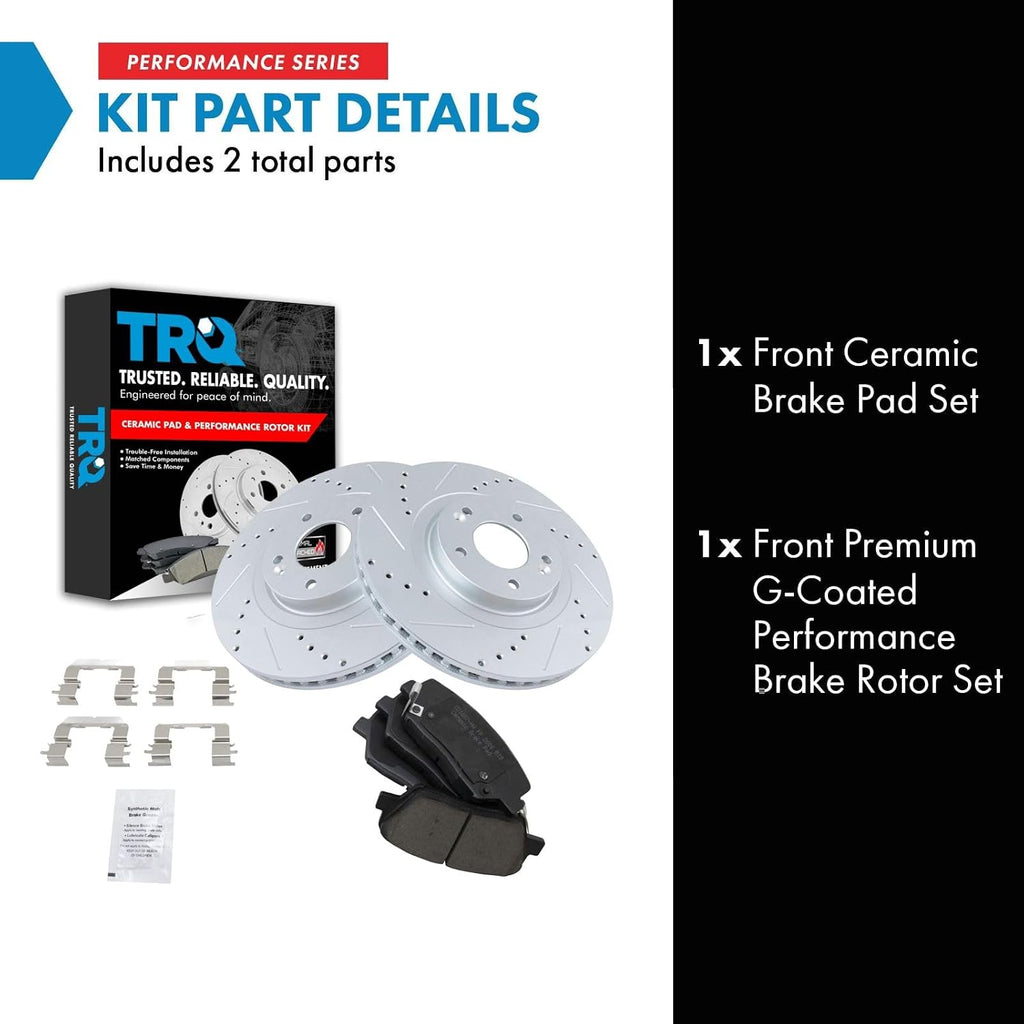 TRQ Performance Front Brake Pad and Rotor Set Ceramic Coated Drilled Slotted Vented Rotors Compatible with 2013-2018 Hyundai Santa Fe Sport 2014-2015 Kia Sorento
