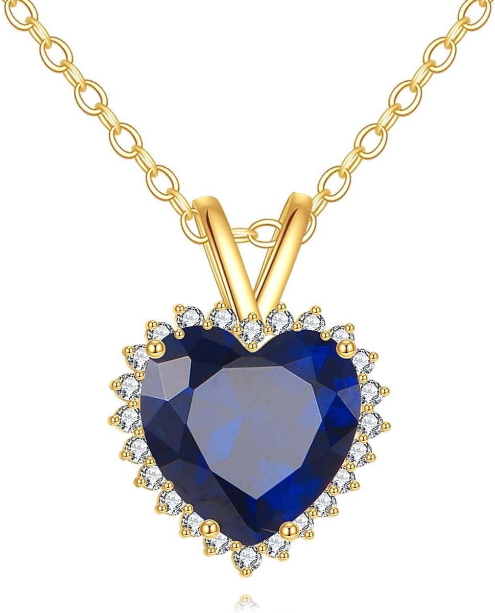 ELFRONT 14k Real Gold Heart Sapphire/Ruby Necklace Heart Stone Pendant Solid Gold Jewelry For Women Female Lover Mother Gifts