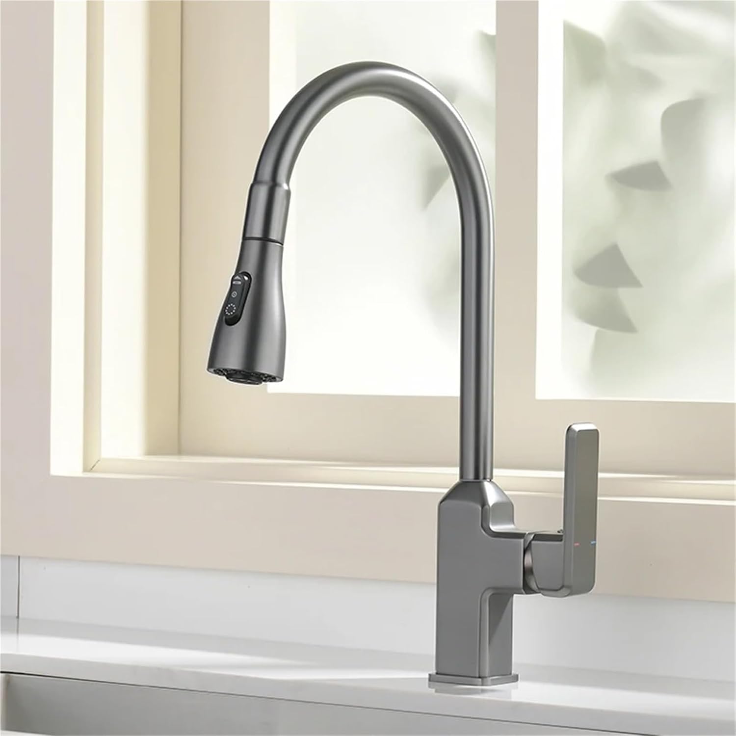 Kitchen Faucet Black Pull Out Deck Mounted 360 Rotation Brass Mixer Hot Cold Water Sink Taps(Gray)