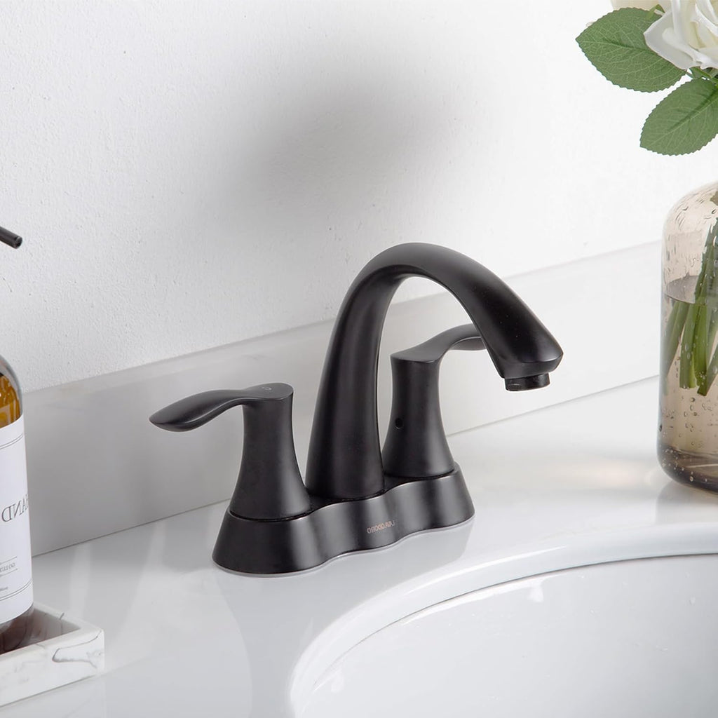 Matte Black Bathroom Faucet, Lava Odoro 4 Inch Centerset Bathroom Sink Faucet 2 Handle Vanity Faucet with Pop up Drain Assembly Supply Line, BF423-MB