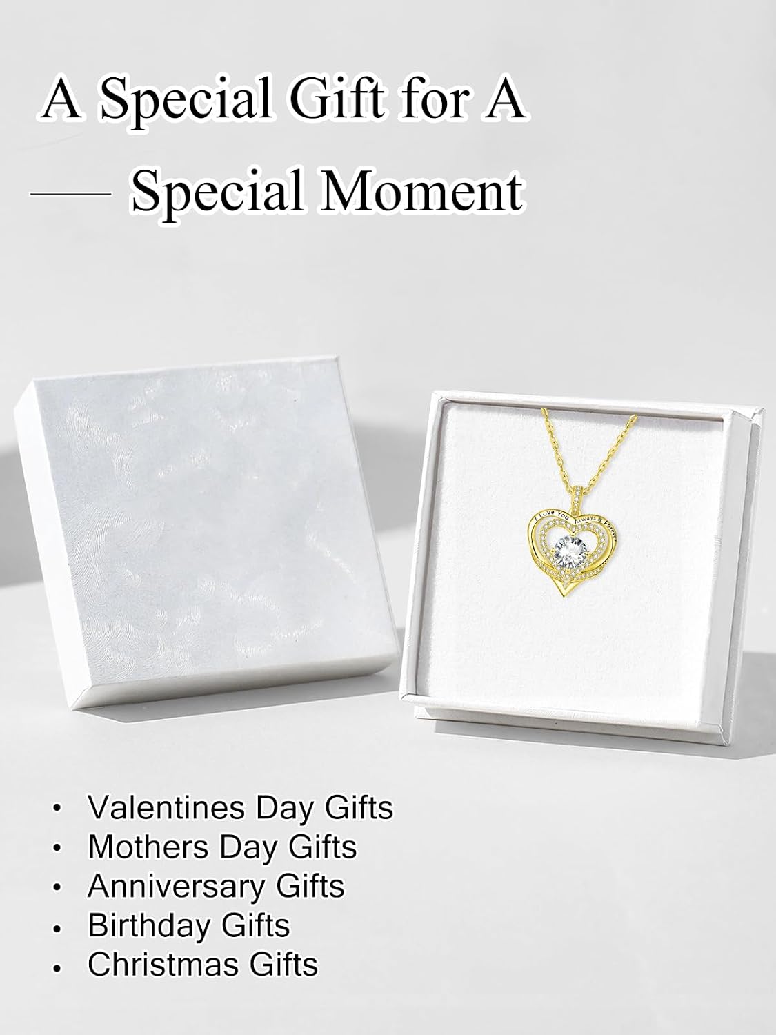 14K Gold Heart Necklaces for Women with Birthstone Pendant ，Double Hearts Necklace Jewelry Gift for Girlfriend Mom Anniversary Birthday Adjustable Chain 18' + 2' 'I Love You Always & Forever