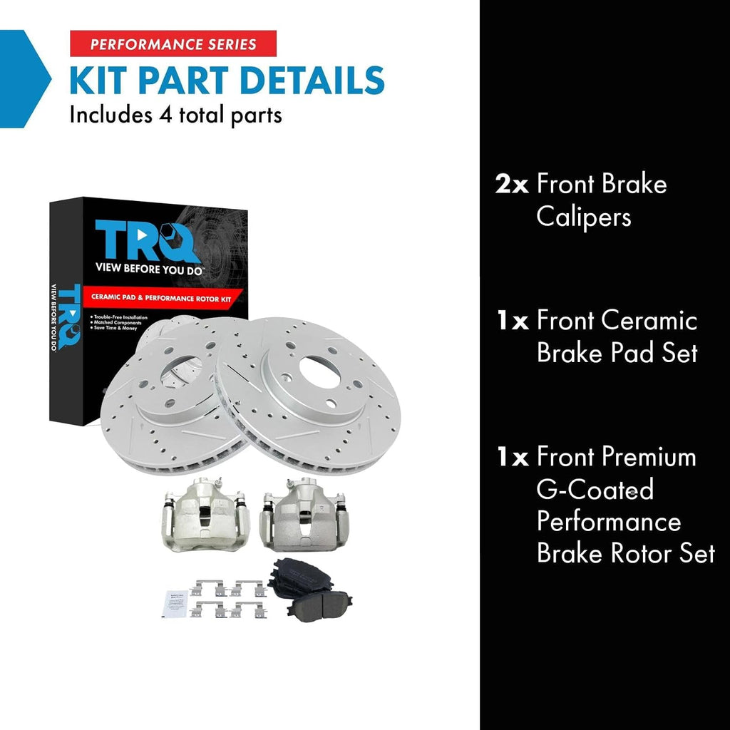 TRQ Performance Front Brake Pad and Rotor Set Ceramic Coated Drilled Slotted Vented Rotors Calipers Compatible with 2002-2006 Toyota Camry