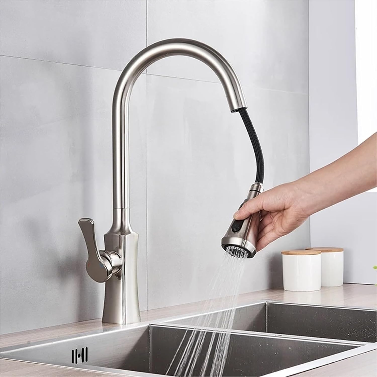 Kitchen Faucet Single Handle Hand-Out Single Hole Hot and Cold Faucet Tap(Brushed Nickel)