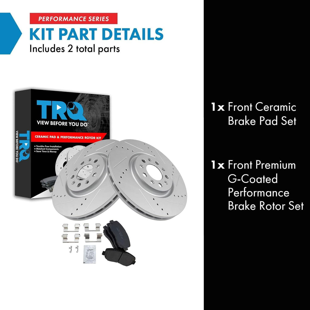 TRQ Performance Front Brake Pad and Rotor Set Ceramic Drilled Slotted Coated Rotors Compatible with 2014-2022 Jeep Cherokee 2015-2017 Chrysler 200