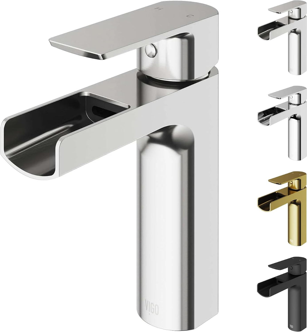 VIGO Ileana Waterfall Single-Handle Single-Hole Mount Bathroom Sink Faucet, 7-Inch, Brushed Nickel, Modern Design, Solid Brass, 1.2 GPM WaterSense & Ceramic Disc Valve, Corrosion-Resistant