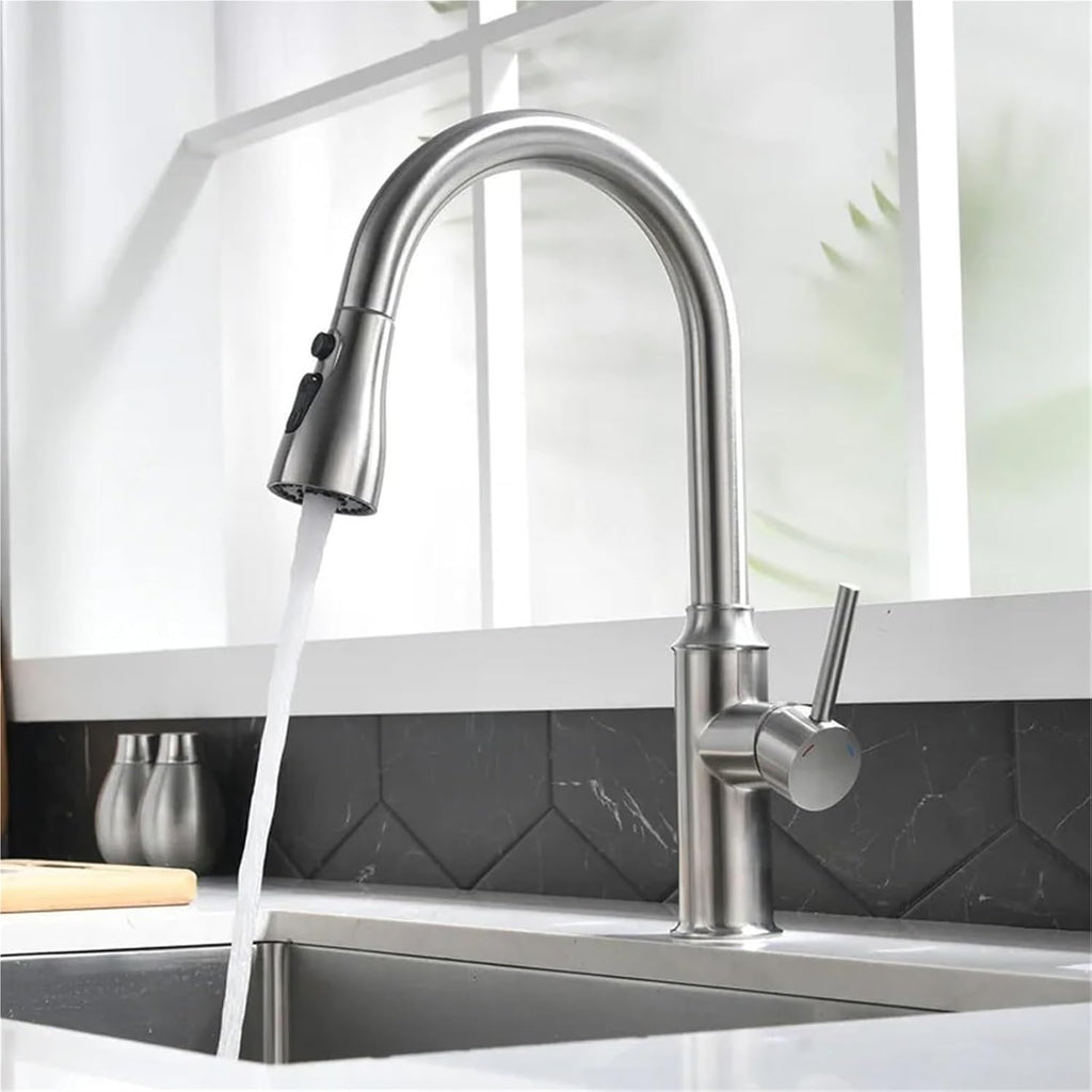 Kitchen Pull-Out Faucet Hot and Cold Water Sink Stainless Steel 360 Rotating Telescopic Faucet(Nickel)