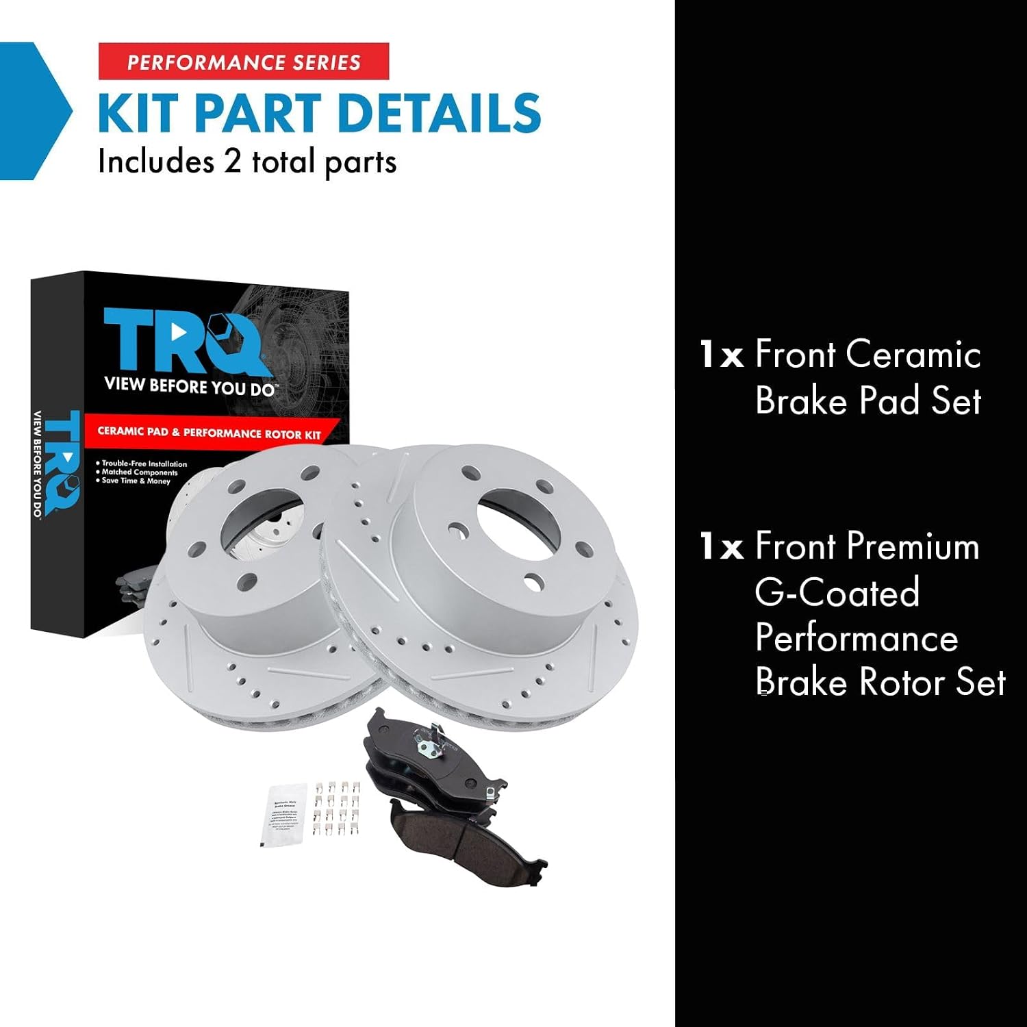 TRQ Performance Front Brake Pad and Rotor Set Ceramic G Coated Drilled Slotted Vented Rotors Compatible with 1999-2001 Jeep Cherokee 1999-2006 Wrangler
