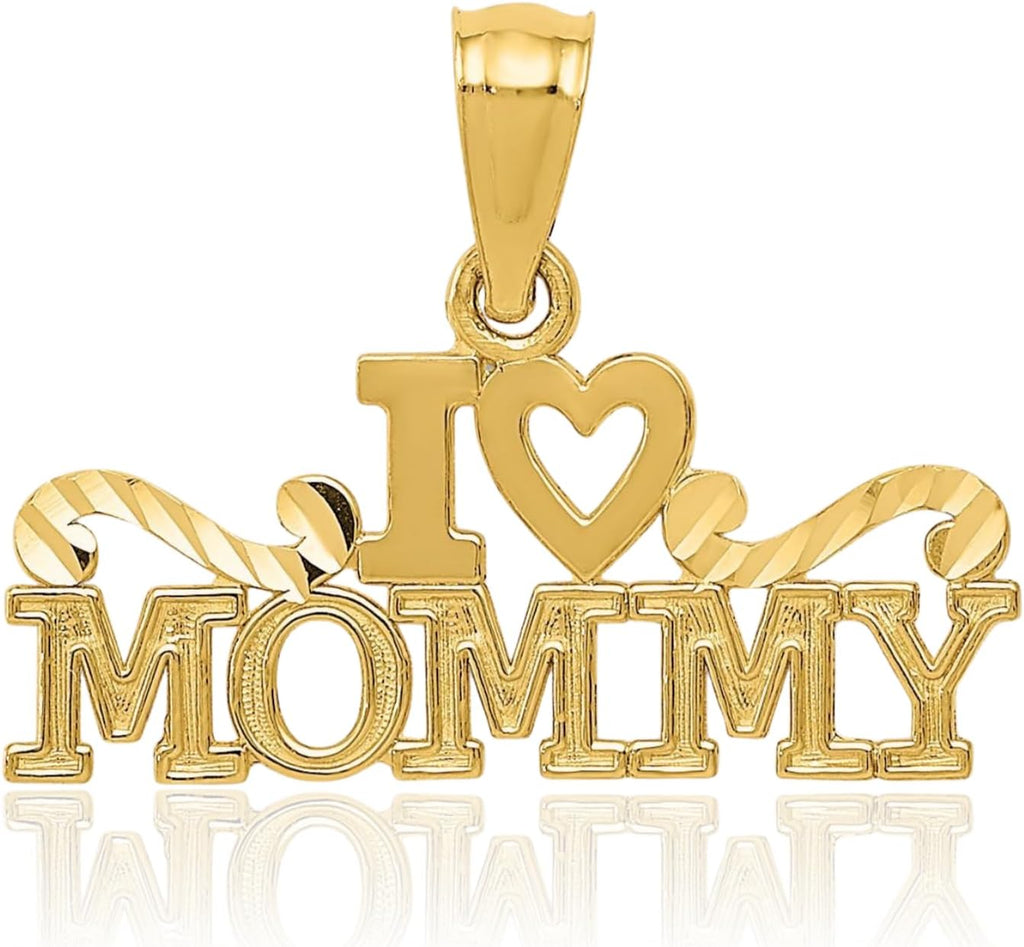 IceCarats 14K Solid Yellow Gold Small I Love Heart Mommy Pendant Necklace 15mm 5/8 inch Polished, Textured For Her