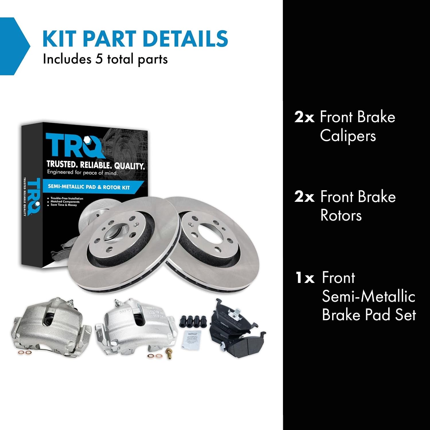 TRQ Front Brake Pad and Rotor Set Semi Metallic Vented Rotors Calipers Compatible with 2005 Volkswagen Jetta