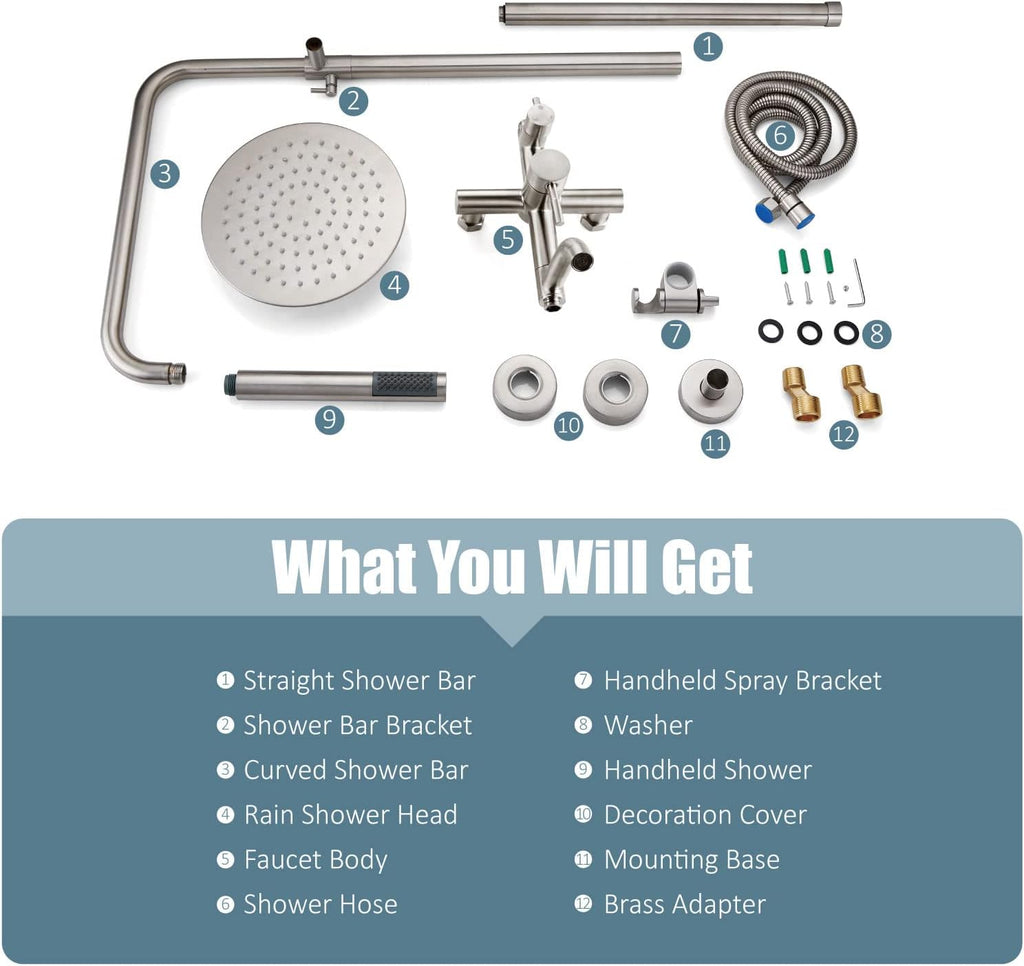 Aolemi Outdoor Shower Fixture SUS304 Triple Function Brushed Nickel Wall Mounted Stainless Steel Shower Faucet System Set with Hand Spray,8' Rain Shower Head