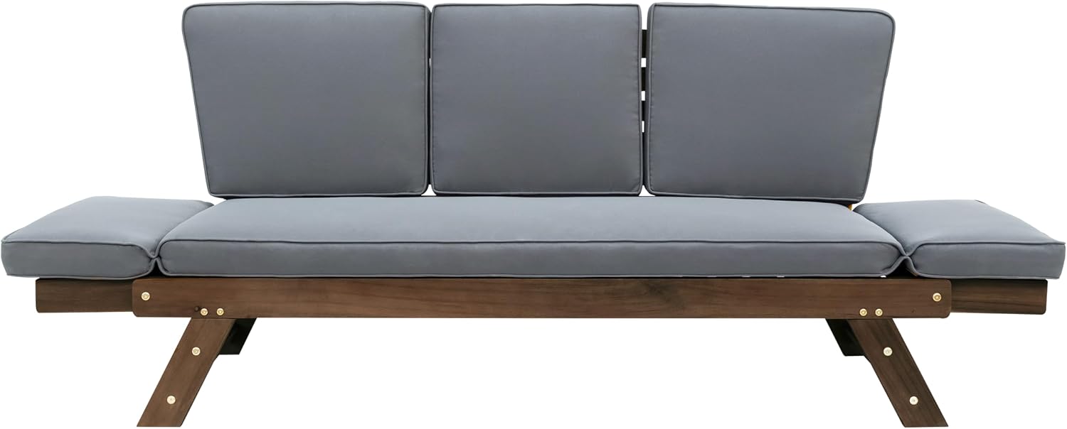 Outdoor Adjustable Patio Wooden Daybed Sofa Chaise Lounge with Cushions for Small Places Porch Lawn Garden Backyard Poolside (Brown Finish+Gray Cushion-02)
