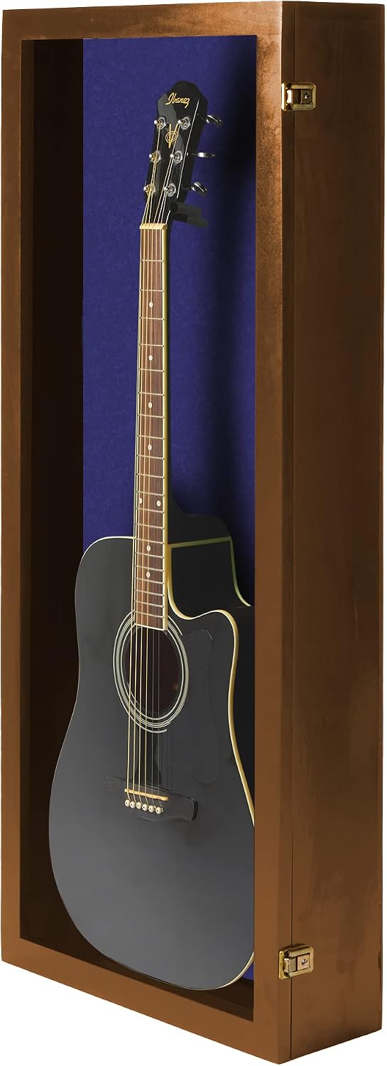 PENNZONI Acoustic Guitar Display Case - Acrylic Acoustic Guitar Case - Guitar Display Case Wall Mount Made from Hardwood Frame & Clear Acrylic - Walnut w/Felt Blue