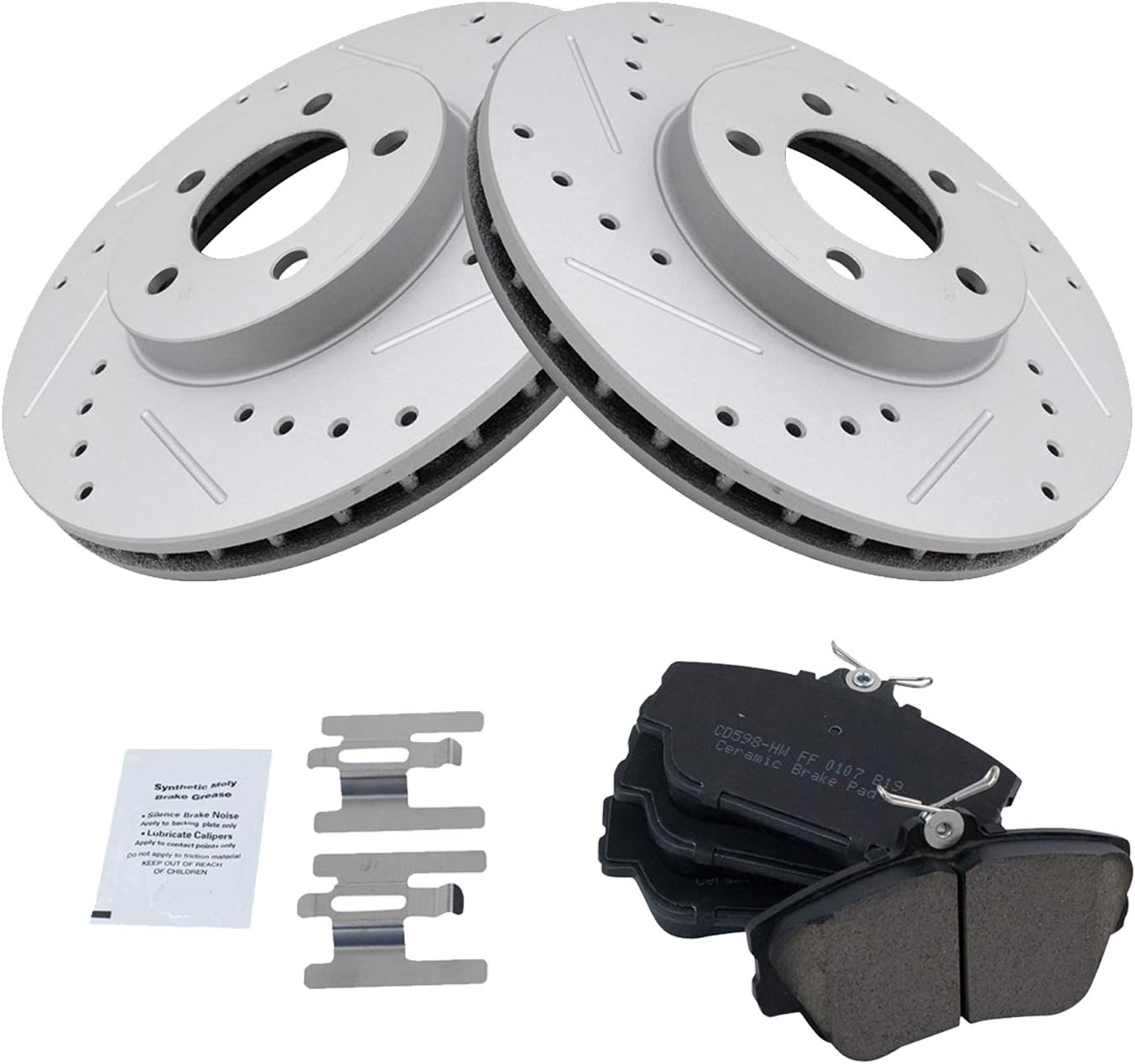 TRQ Performance Front Brake Pad & Rotor Kit G-Coated Slotted X Drilled Ceramic Compatible with 96-07 Ford Taurus 96-97 Thunderbird 95-02 Lincoln Continental 93-98 Mark VIII Mercury Cougar 01-05 Sable