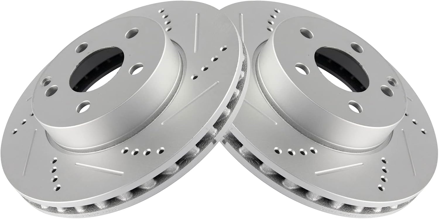 TRQ Performance Front Ceramic Brake Pad and Rotor Set Coated Drilled Slotted Compatible with 08-12 Mercedes-Benz C300 without Sport Package 12-15 Mercedes-Benz C250 without Sport Package