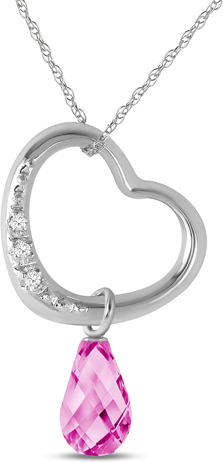 Galaxy Gold GG 14K Gold Open Heart with Genuine Diamond and Pink Topaz Pendant Necklace