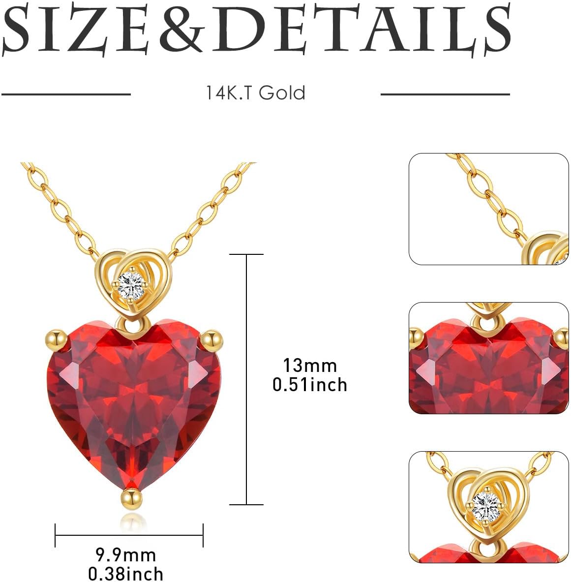 14k Gold Love Heart Gemstone Birthstone Necklaces for Women 3 Carat Heart-cut Created Birthstone Anniversary Birthday Mother's Day Pendant for Her 16+1+1 inch
