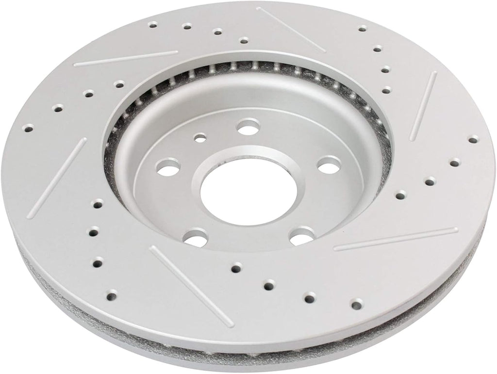 TRQ Performance Front Brake Pad and Rotor Set Ceramic Drilled Slotted G Coated Rotors Compatible with 2010-2015 Chevrolet Camaro