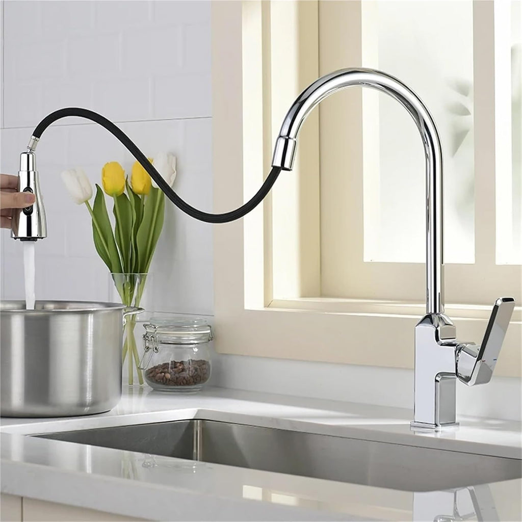 Kitchen Faucet Black Pull Out Deck Mounted 360 Rotation Brass Mixer Hot Cold Water Sink Taps(Chrome)