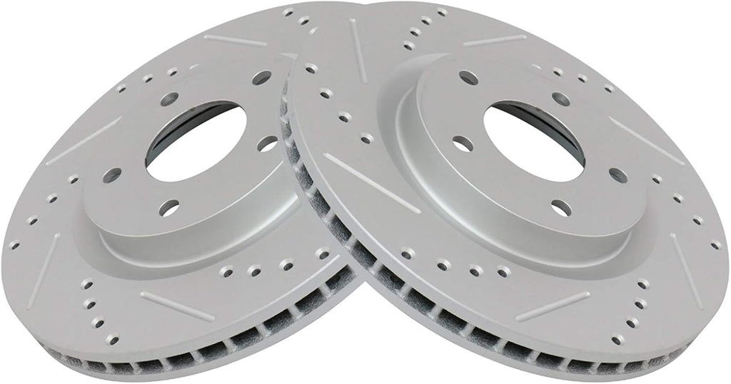 TRQ Performance Front Brake Pad and Rotor Set Ceramic Coated Drilled Slotted Vented Rotors Compatible with 2008-2013 Nissan Rogue 2014-2015 Rogue Select 2007-2008 Sentra
